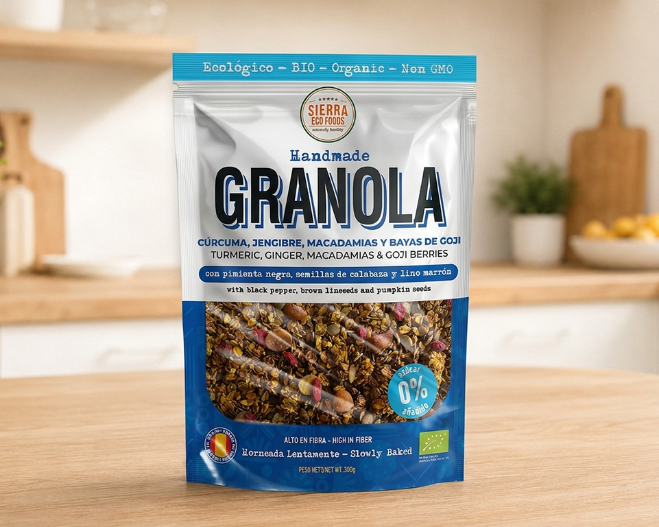 GRANOLA DE CÚRCUMA, JENGIBRE, MACADAMIAS Y BAYAS DE GOJI