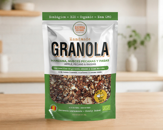 GRANOLA DE MANZANA, NUECES PECANAS Y PASAS CON CANELA