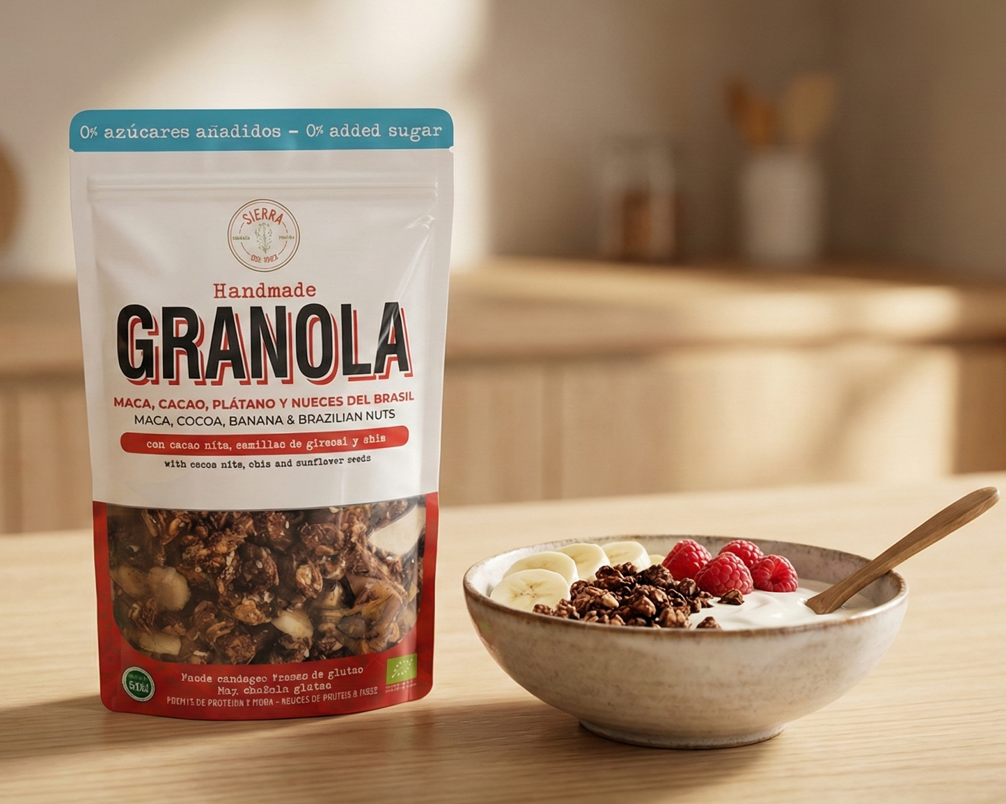 GRANOLA DE MACA, CACAO, PLÁTANO Y NUECES DEL BRASIL