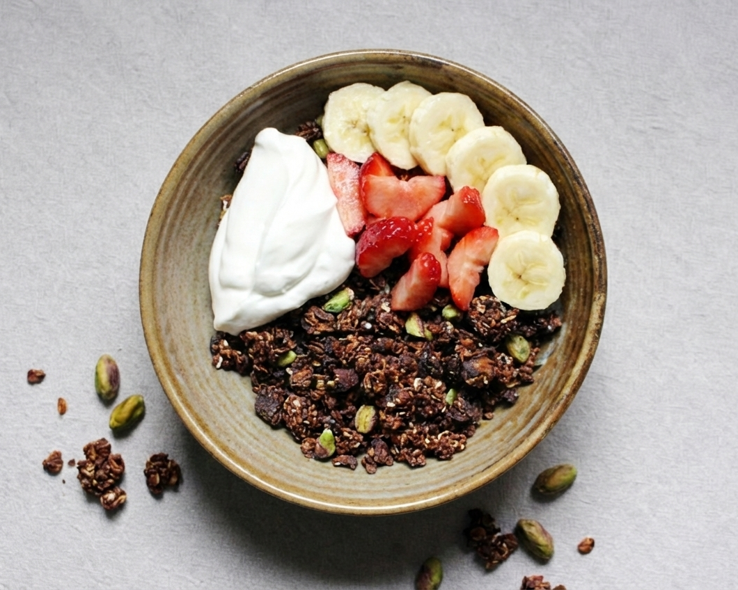 GRANOLA DE CHOCOLATE, PISTACHOS Y AVELLANAS