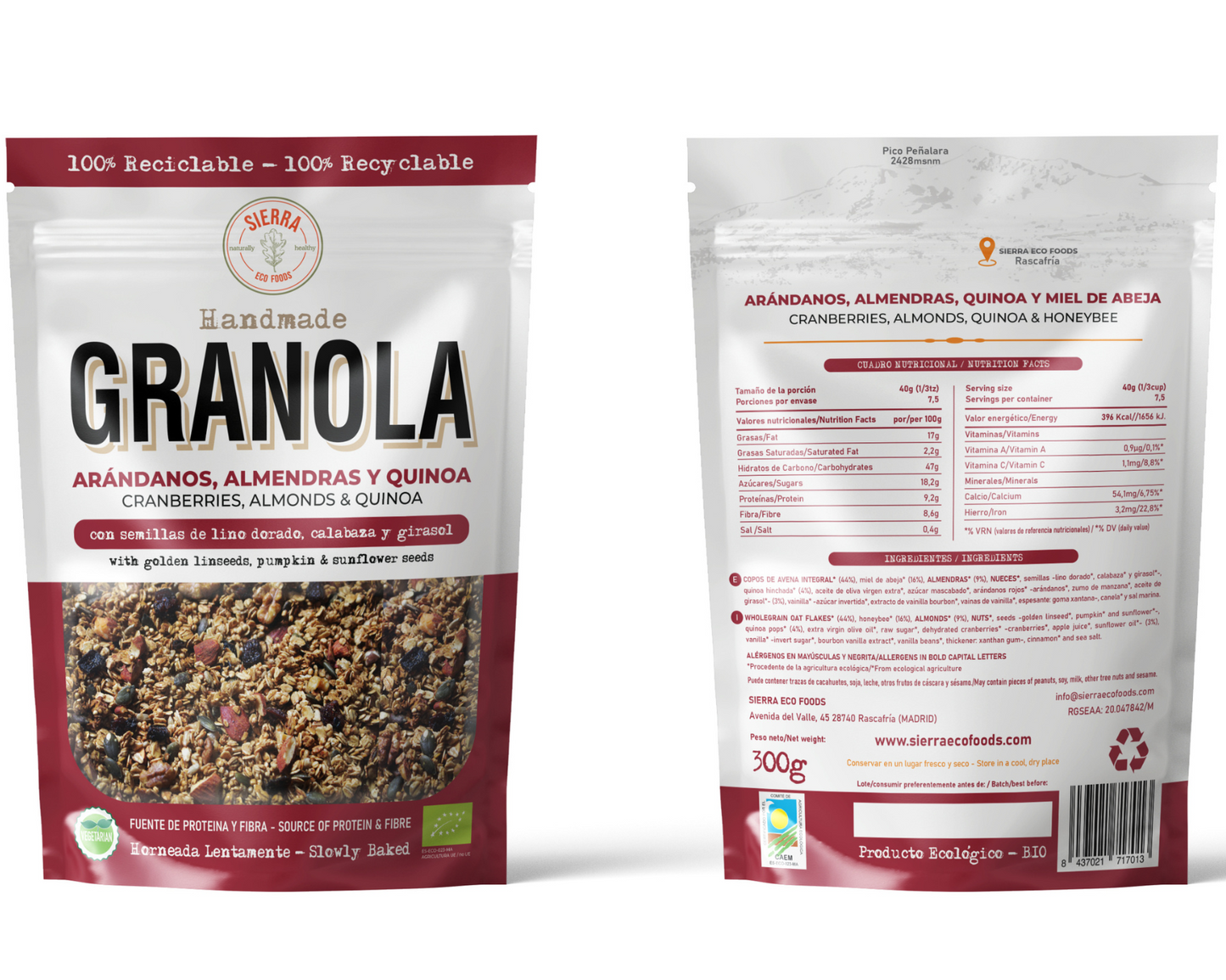 GRANOLA DE ARÁNDANOS, ALMENDRAS, QUINOA Y MIEL DE ABEJA