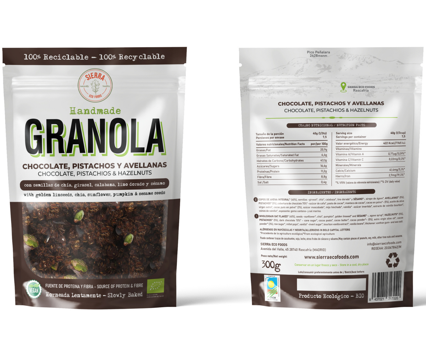 GRANOLA DE CHOCOLATE, PISTACHOS Y AVELLANAS